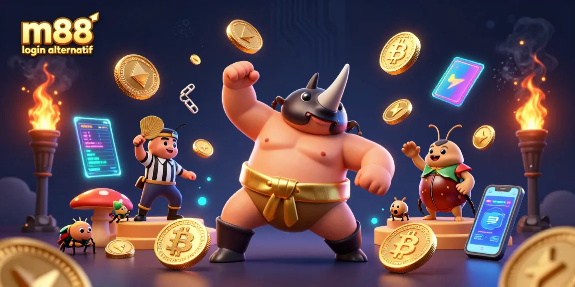 Upaya menang di m88 login alternatif dengan ilustrasi kasino digital menarik dan elemen cryptocurrency.