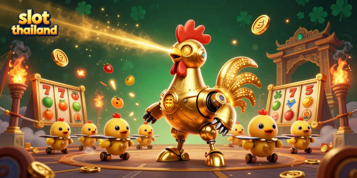 Experience thrilling wins with slot thailand as a golden rooster robot leads the adventure in a dynamic casino scene.