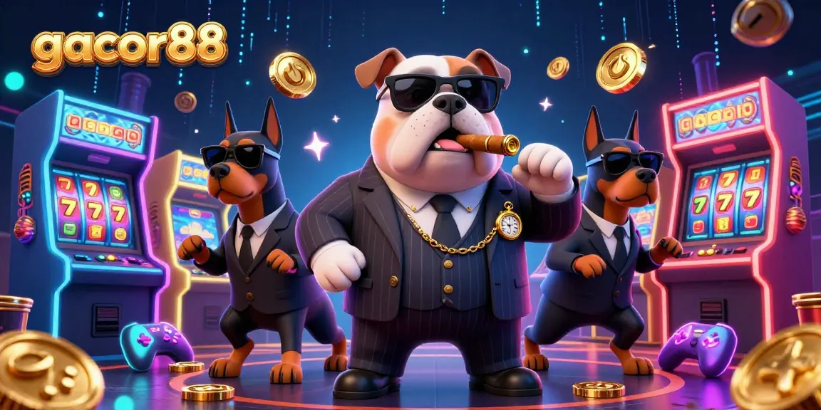 Play exciting games at gacor88, showcasing a mafia boss bulldog and Doberman bodyguards in a vibrant casino scene.