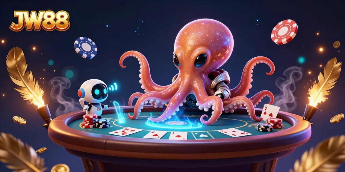 Play at JW88 with a cosmic octopus dealing poker in an ultra-detailed 3D scene.