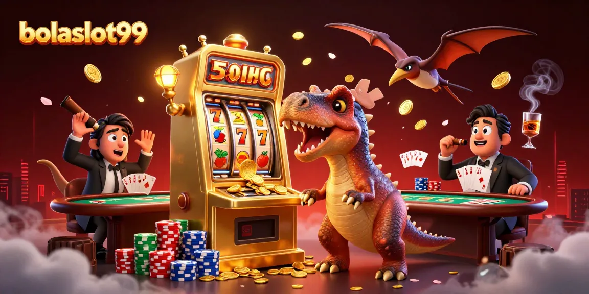 Bolaslot99 jackpot scene with animated dinosaurs celebrating slot wins and flying coins in a vibrant casino.