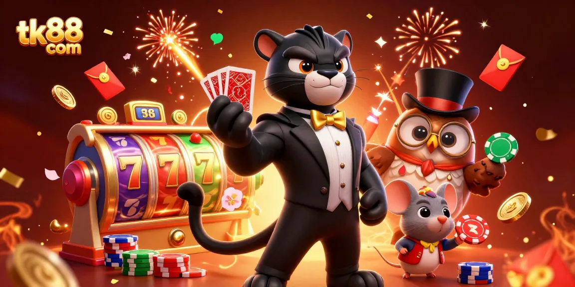 Spin the reels at tk88 com for an exciting casino adventure with vibrant characters and festive atmosphere!
