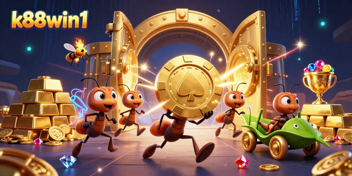 K88win1 showcases an adventurous ant team carrying a giant poker chip amid dazzling casino treasures.