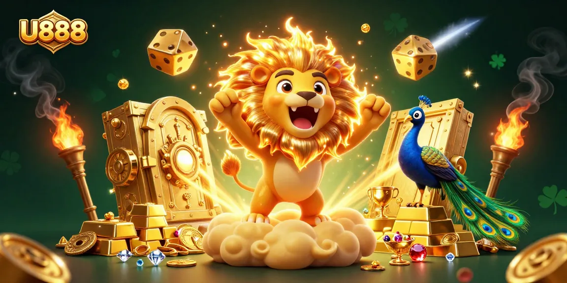 Engage with U888's vibrant gaming world featuring a roaring lion, golden treasures, and dynamic casino elements.