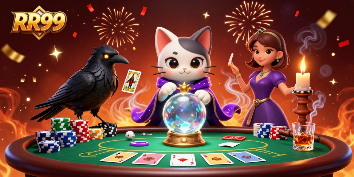 Engage with RR99's thrilling casino atmosphere with a mystical scene of fortune tellers and poker action.