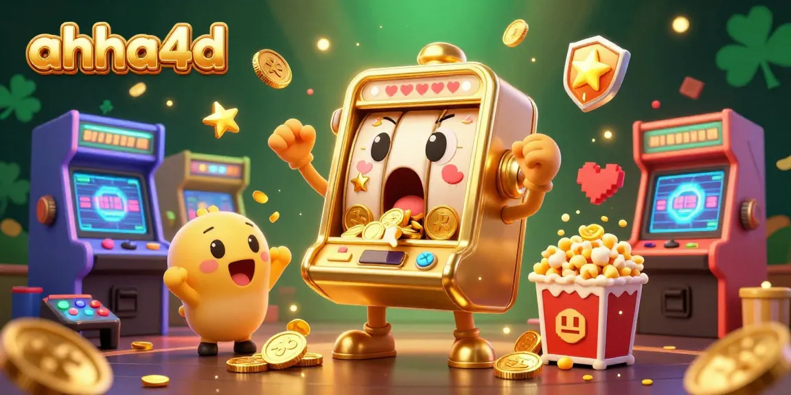 A 3D cartoon illustration showcasing ahha4d's golden slot machine hitting a jackpot, surrounded by cheering baby slot machines and arcade game elements.