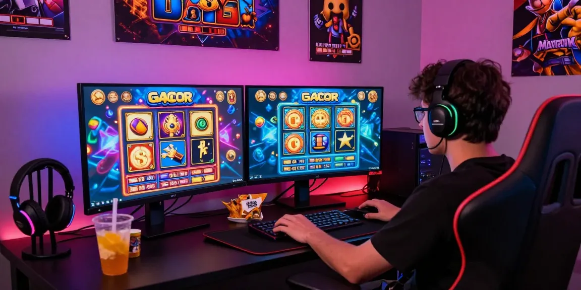 Engaged player enjoying slot gacor games on vibrant dual monitors in a cozy gaming setup
