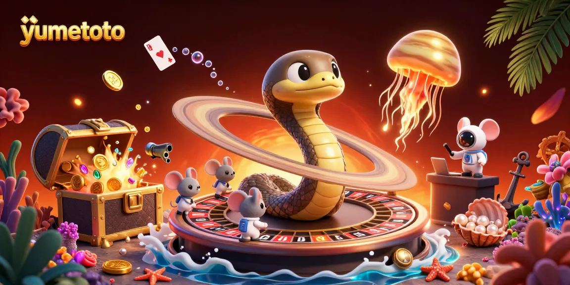 Experience the thrill of Yumetoto with betting astronauts and a cosmic dealer in a vibrant gambling scene.
