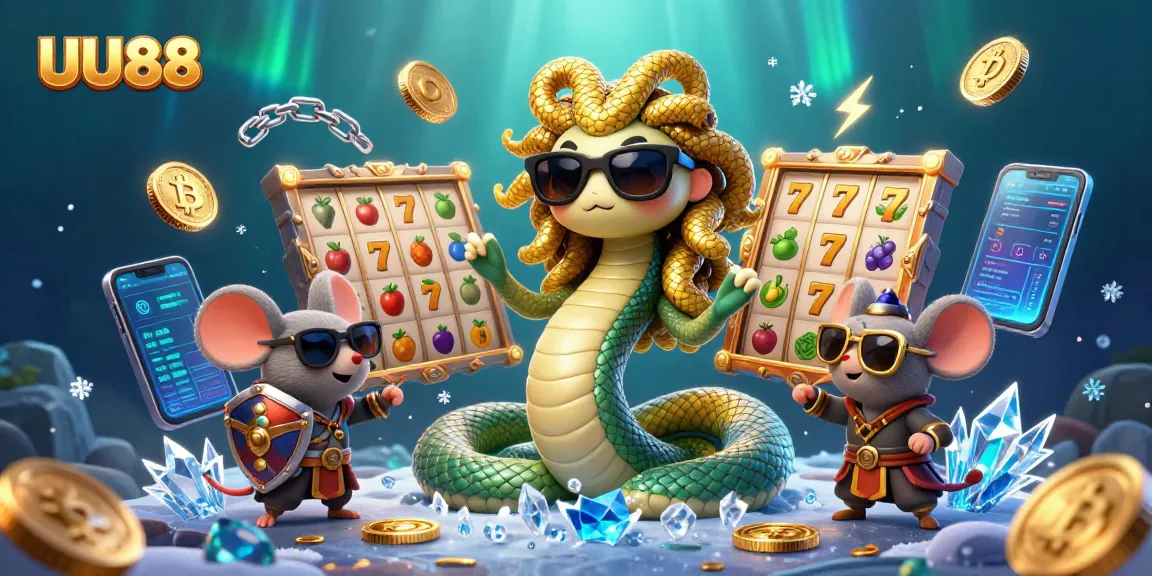 Engage in thrilling slot action with UU88 amidst a colorful 3D casino illustration featuring Medusa and a warrior mouse.