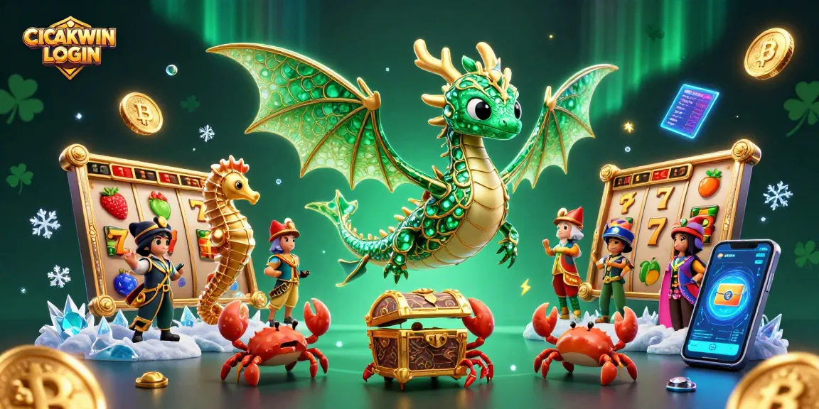 CICAKWIN LOGIN showcases an exciting gaming atmosphere with a 3D sea dragon and slot reels.