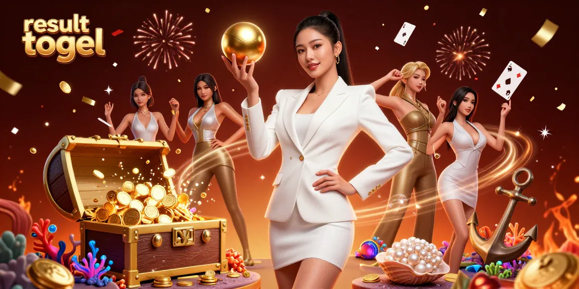 Experience excitement with result togel displayed in vibrant casino-themed 3D illustration featuring Asian woman and dynamic game elements.