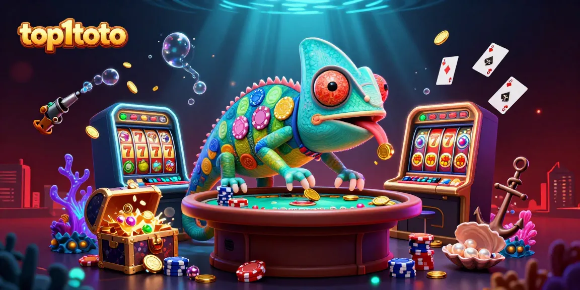 Engage with top1toto, a vibrant 3D casino scene bursting with colorful slots and chameleon delight.