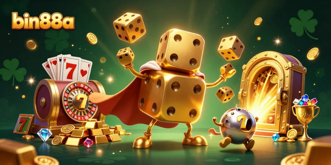 Experience winning spins at bin88a with vibrant slot games and golden treasures in this 3D illustration.