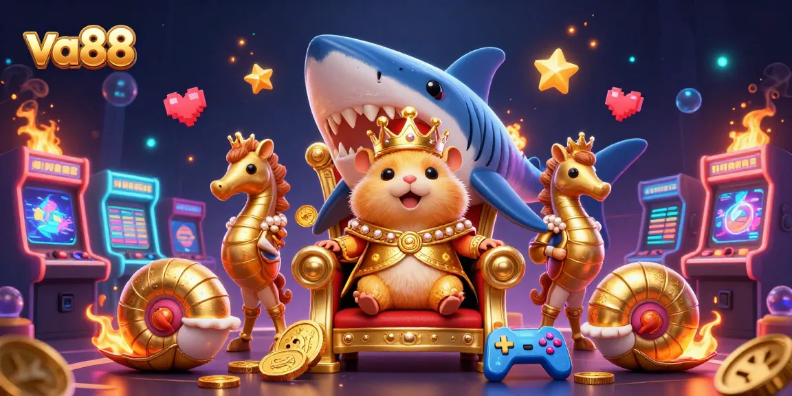 Experience thrilling gaming with va88, a vibrant 3D casino scene featuring a golden hamster king and more.