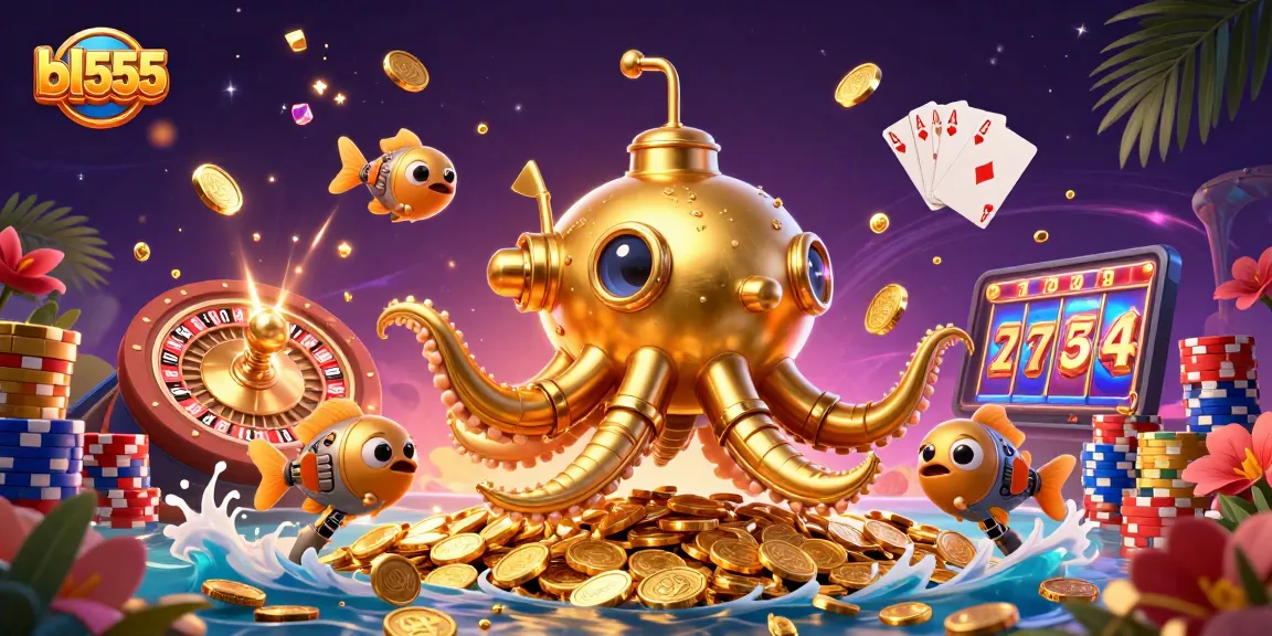 Experience thrilling action with bl555 in this vibrant casino scene showcasing a golden kraken and shimmering gems.