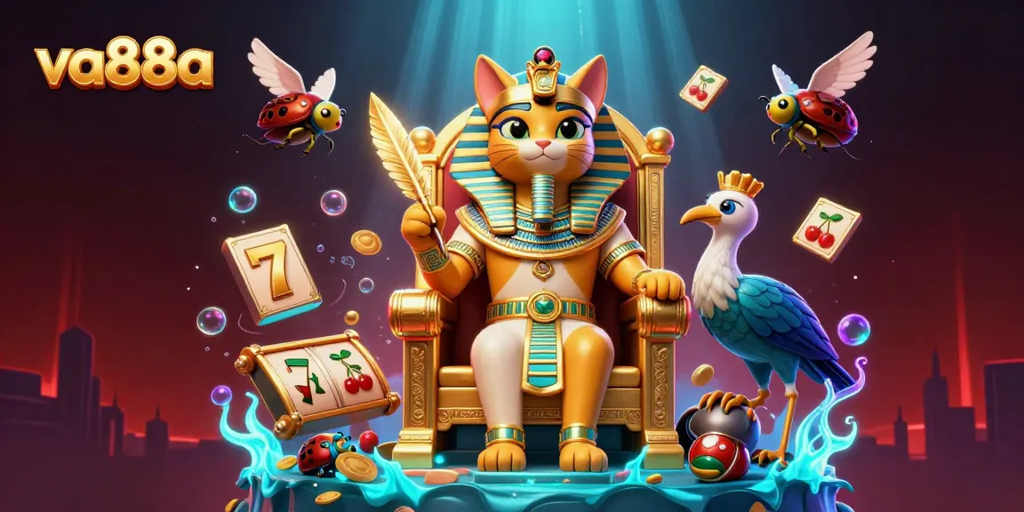 va88a showcases a playful pharaoh cat and scribe in a casino setting with dynamic slot game elements.