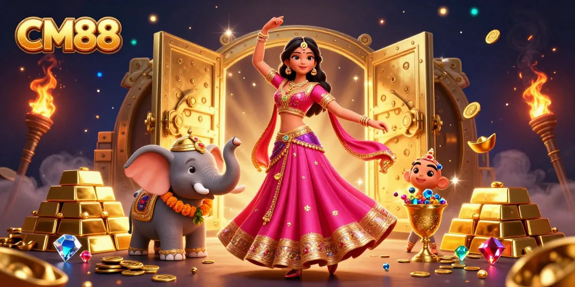Experience the thrill of CM88 with vibrant casino-themed visuals featuring gold, jewels, and festive decorations.
