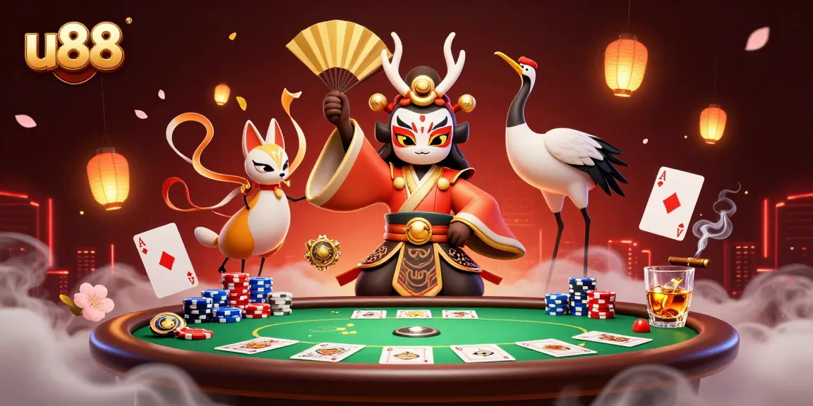 Engage with u88's vibrant casino scene featuring a kabuki warrior and poker showdown.