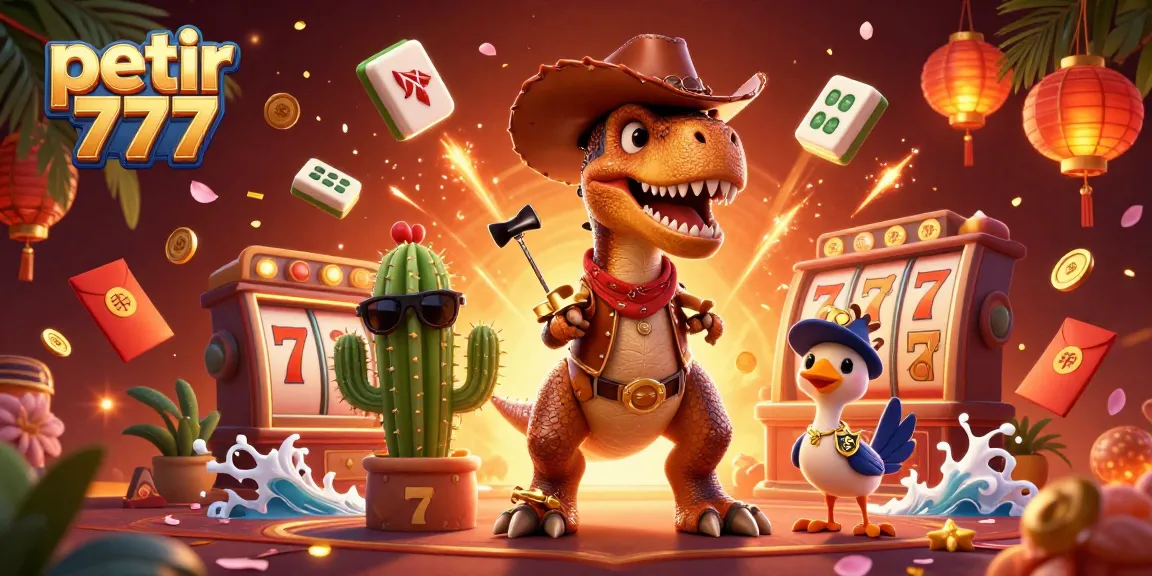Spin big with petir 777 in a vibrant casino scene featuring cartoon characters and slot gaming elements.