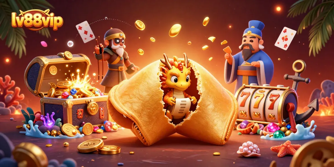 Win big with lv88vip, featuring a dynamic illustration of casino-themed characters and treasures.