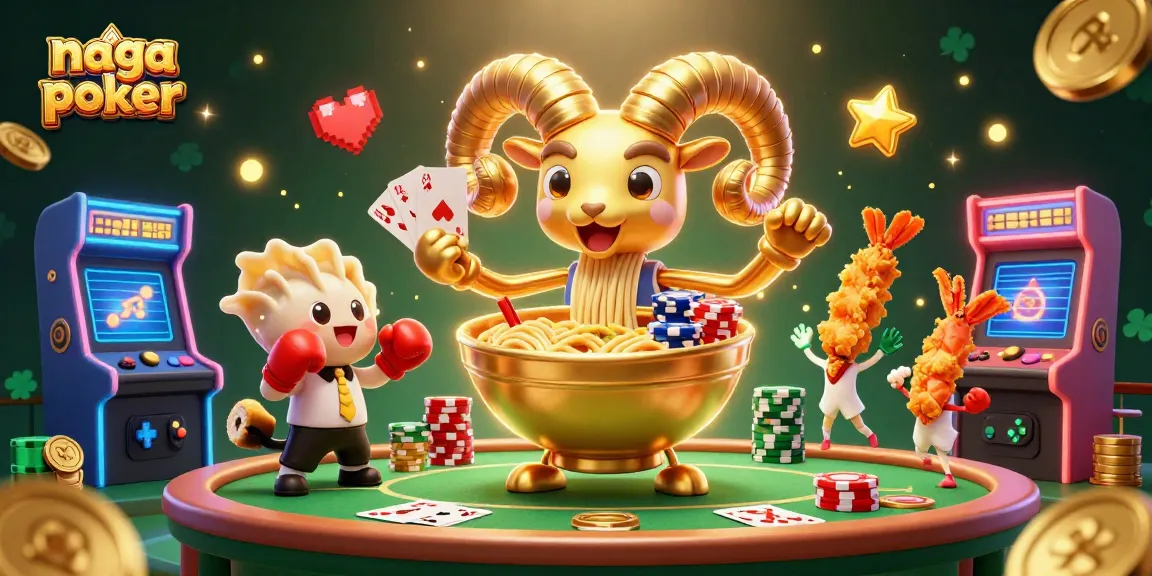 Engage with naga poker in this vibrant 3D scene showcasing a giant ramen bowl dealing cards amid casino excitement.