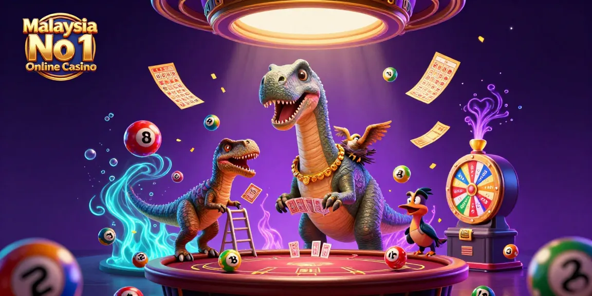 Engage with Malaysia No 1 Online Casino featuring vibrant casino elements and dinosaur characters.