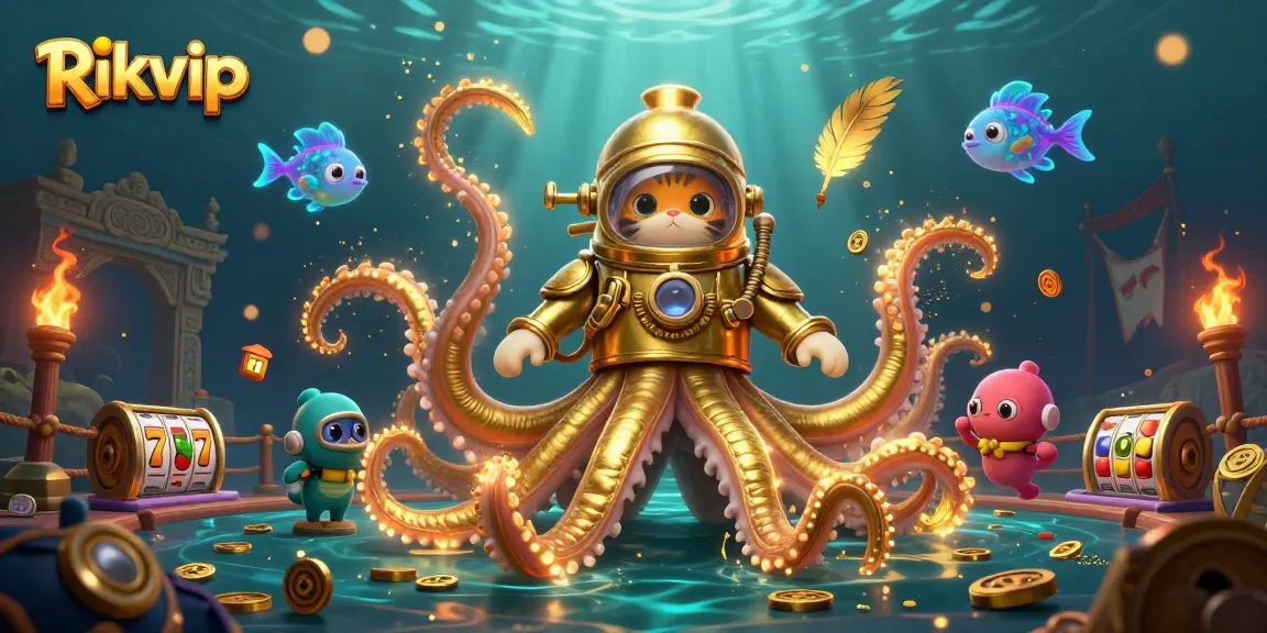 Experience the excitement of Rikvip with a 3D kraken and diving cat amidst casino slot reels and golden treasures.