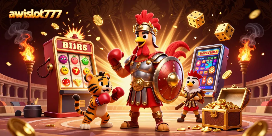 Win at awslot777 with an exciting ensemble of a rooster and tiger cub amidst casino chaos.