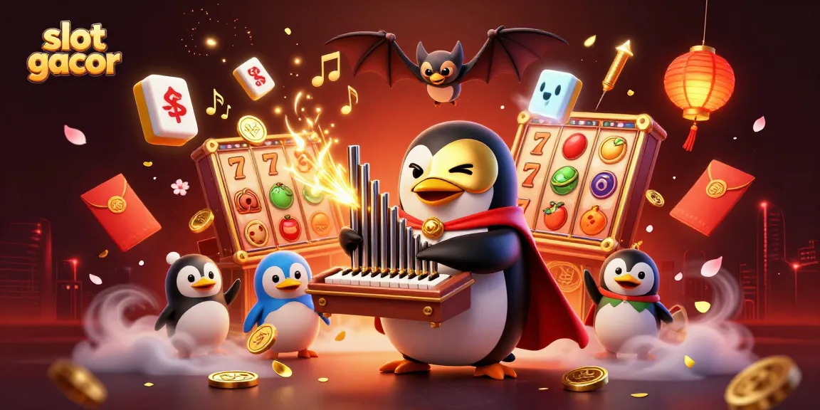 Slot gacor menampilkan penguin opera bermain organ yang memuntahkan koin emas, dikelilingi simbol dan elemen judi lainnya.