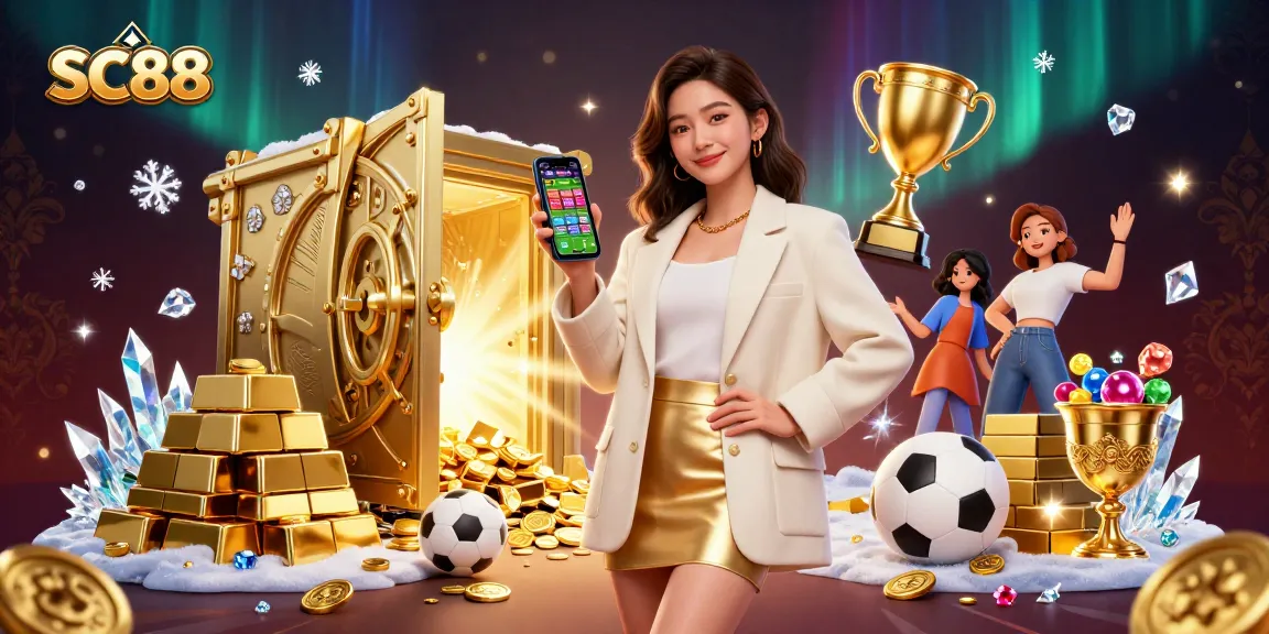 Experience winning strategies at SC88 with a vibrant casino scene featuring an Asian woman with a sports betting app.