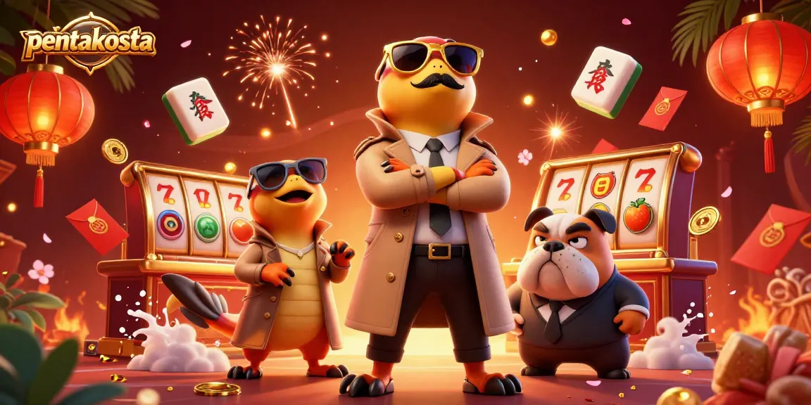 Pentakosta: Cartoon raptors sneaking into a VIP casino while surrounded by slot symbols and festive decor.