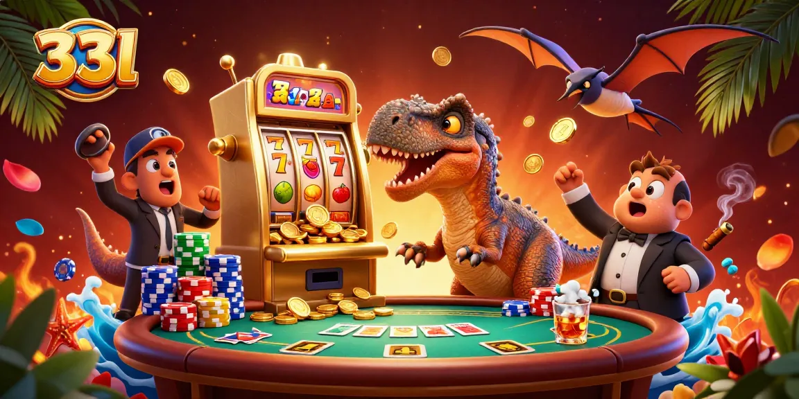 33l casino-themed illustration depicting a dinosaur headbutting a slot machine amidst a flurry of golden coins.