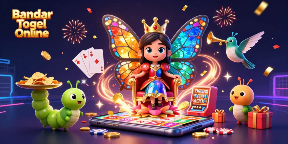 Engage with Bandar Togel Online through a vibrant illustration showcasing an enchanting butterfly queen and lottery elements.
