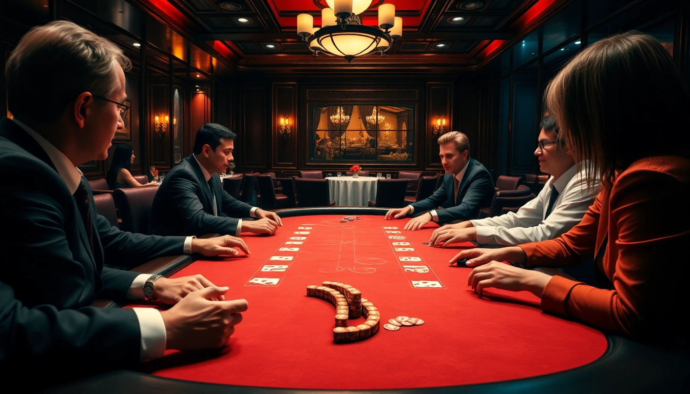 Permainan dentoto di meja poker dengan pemain fokus dan suasana mewah.