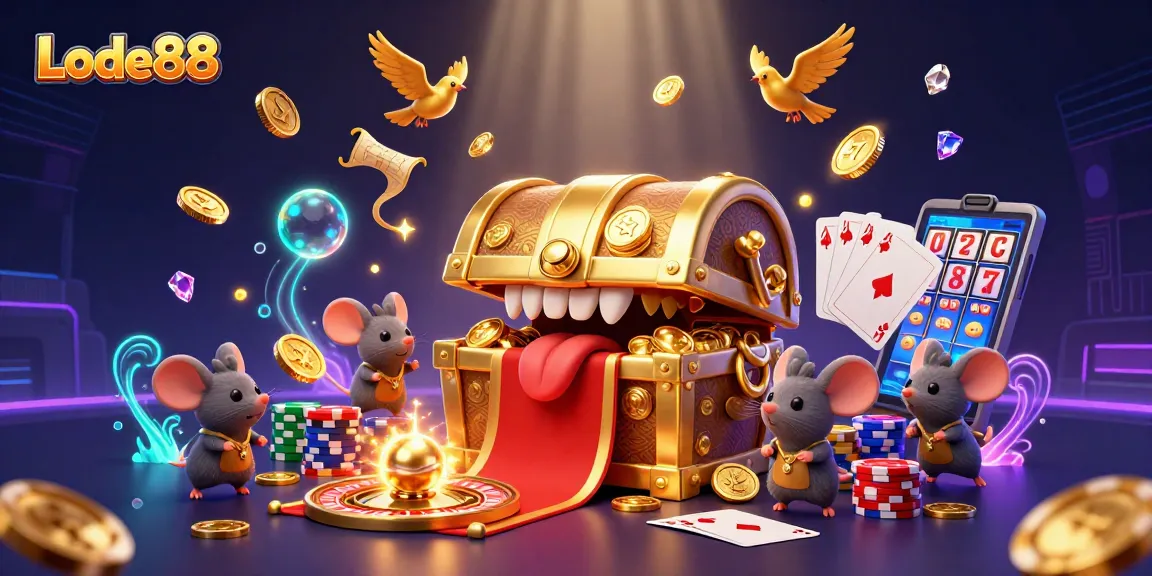 Lode88 showcases an exciting casino scene with treasure chests, glowing coins, and vibrant poker chips.