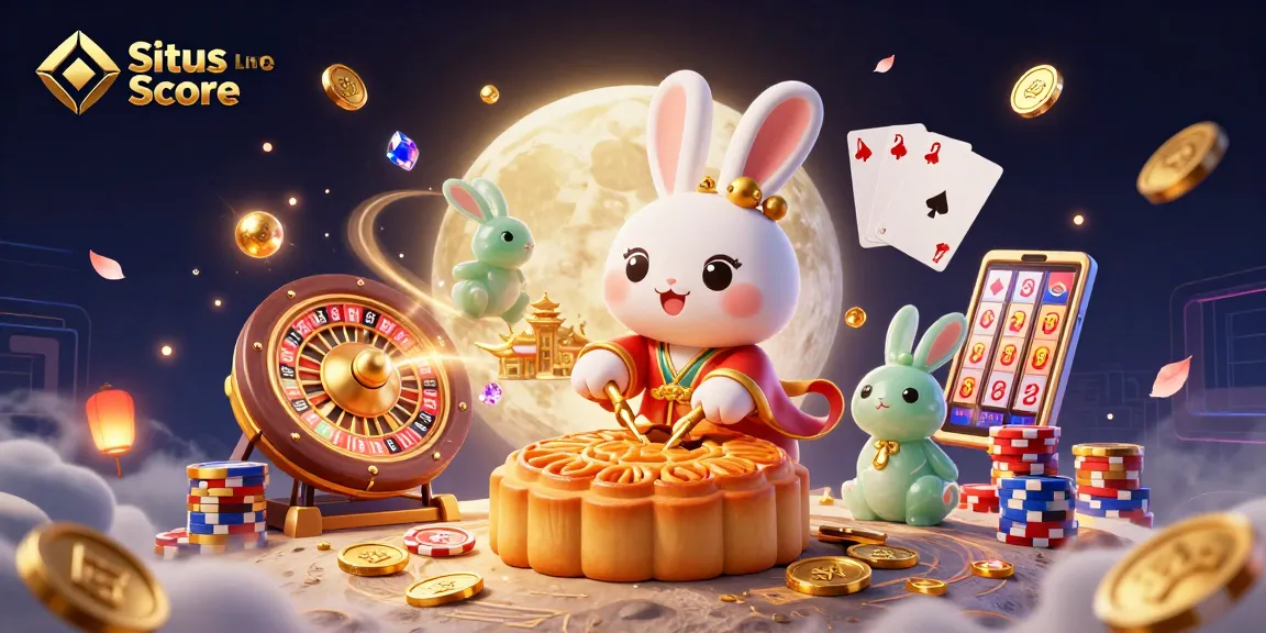 Situs Live Score enhances with a vibrant 3D illustration of a moon rabbit revealing poker chips, amidst dynamic casino elements.