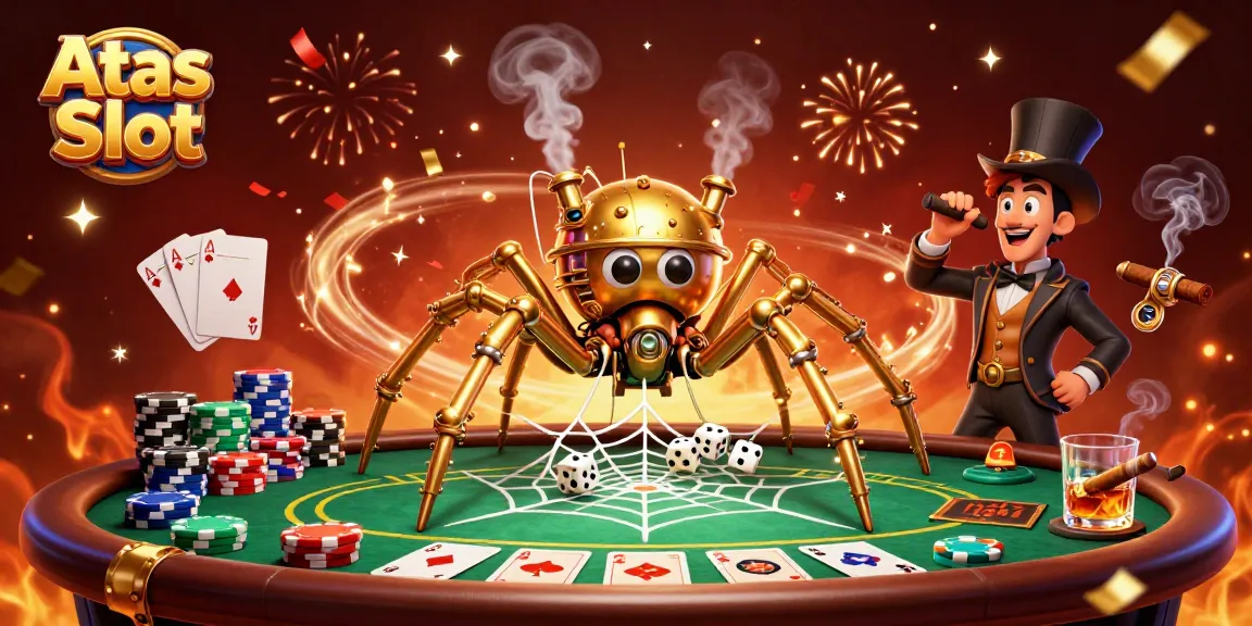 Spin the reels with Atas Slot in this vibrant 3D casino illustration featuring a golden spider and poker elements.