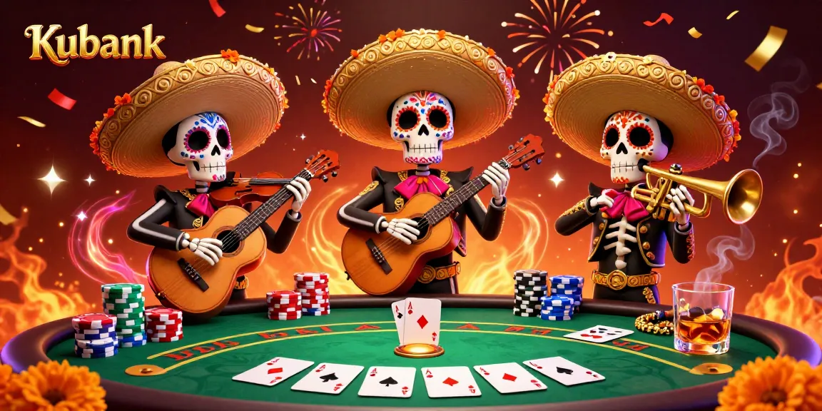 Kubank image showcasing a lively mariachi band and poker scene, featuring colorful characters and casino elements.