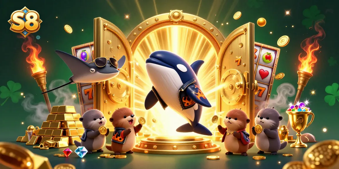S8 engages players with an exciting 3D casino scene featuring an orca, stingray, and sea otters among treasures.