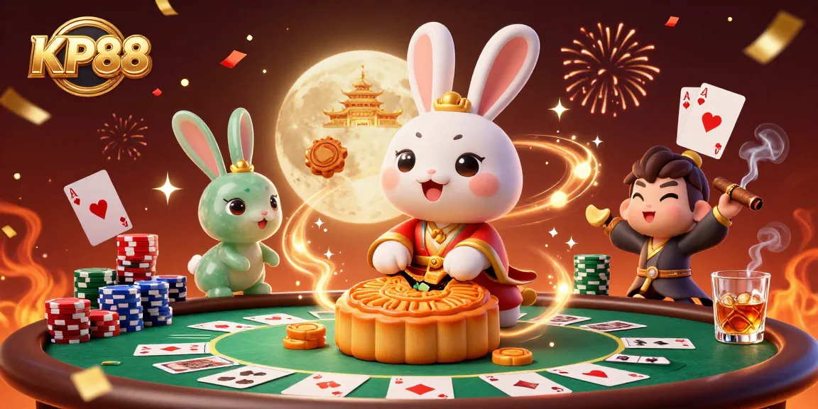 KP88 poker-themed moon rabbit scene with vibrant casino elements for an engaging gambling experience.