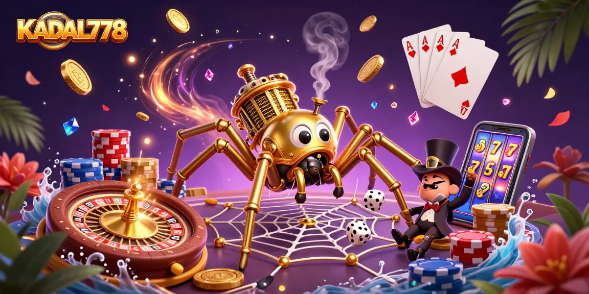 KADAL778 web of luck spins golden coins, roulette wheels, and gem stones for thrilling casino play.