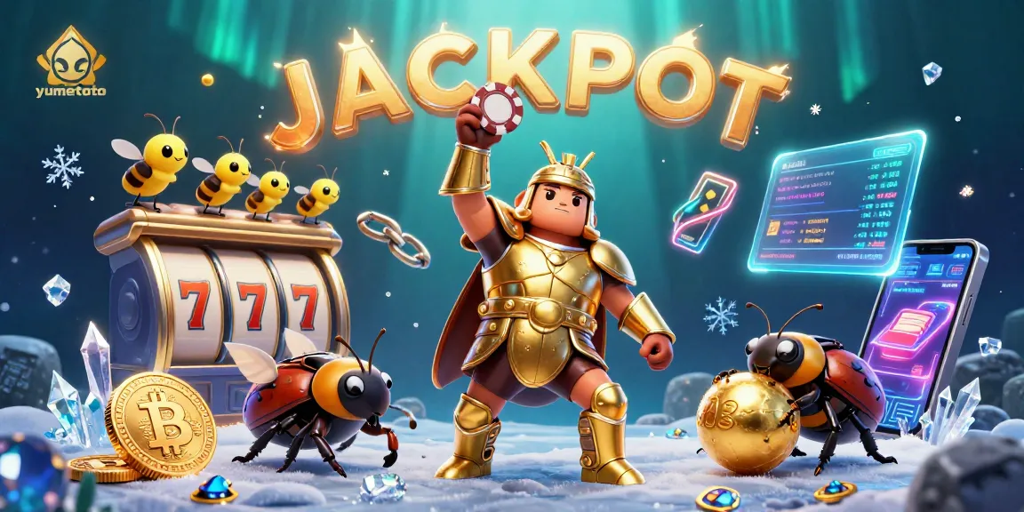 Experience thrilling wins with yumetoto in a vibrant 3D jackpot illustration featuring slots and crypto coins.
