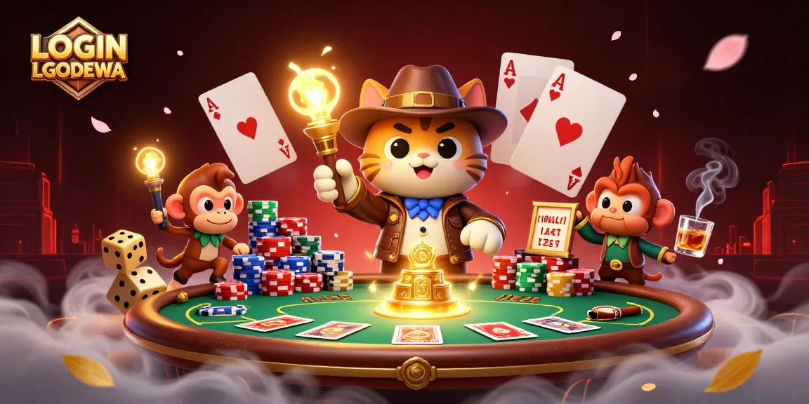 Engage with LOGIN LGODEWA and explore ancient casino treasures in a vibrant digital illustration.