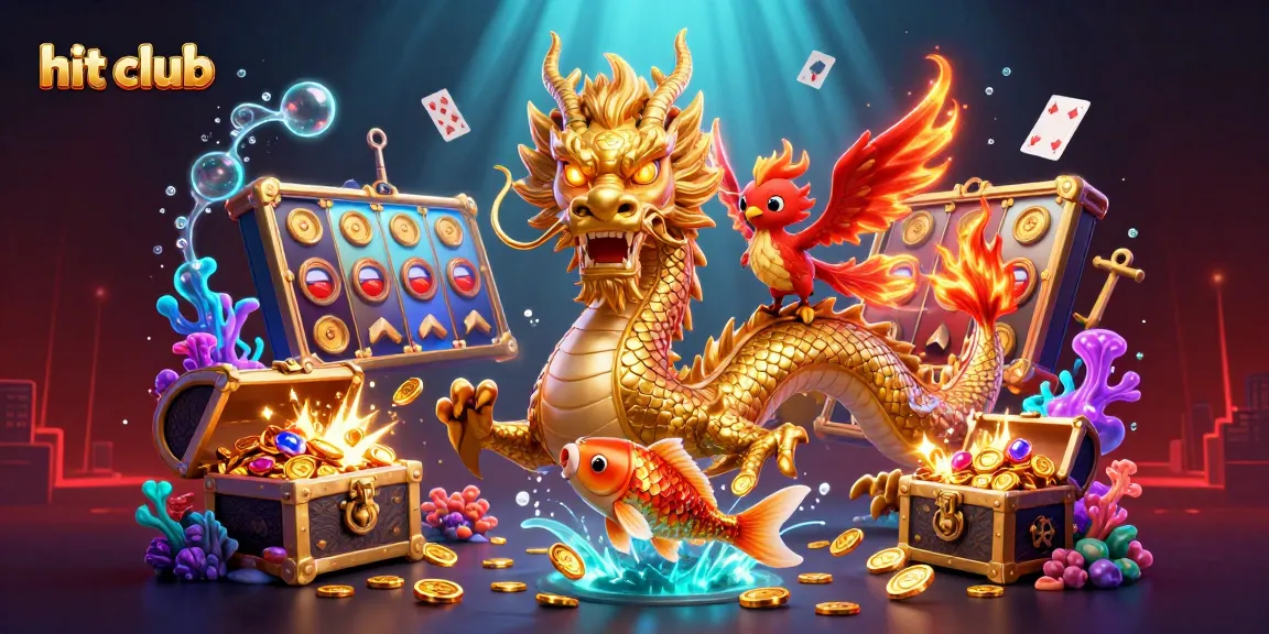 Engage with the exciting hit club game featuring a golden dragon, phoenix, and koi amidst vibrant casino elements.