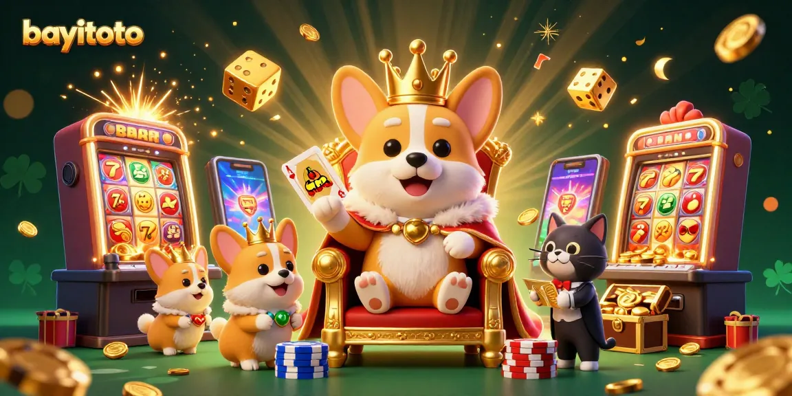 Experience the excitement of bayitoto with vibrant casino action, featuring a royal corgi and treasures.