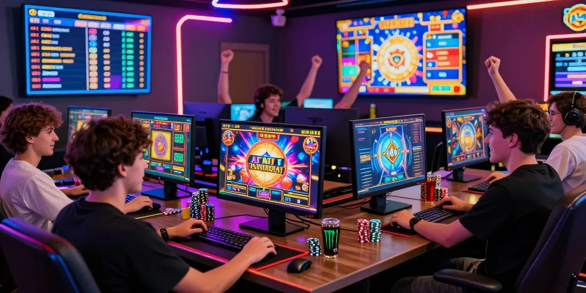 Youth enjoying situs slot deposit 10 ribu with friends in a vibrant online gaming environment featuring colorful slot games and neon lights.