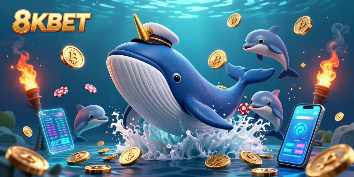 Engage in the thrill of online gambling with 8KBET's vibrant 3D casino scene showcasing playful sea creatures and digital crypto elements.