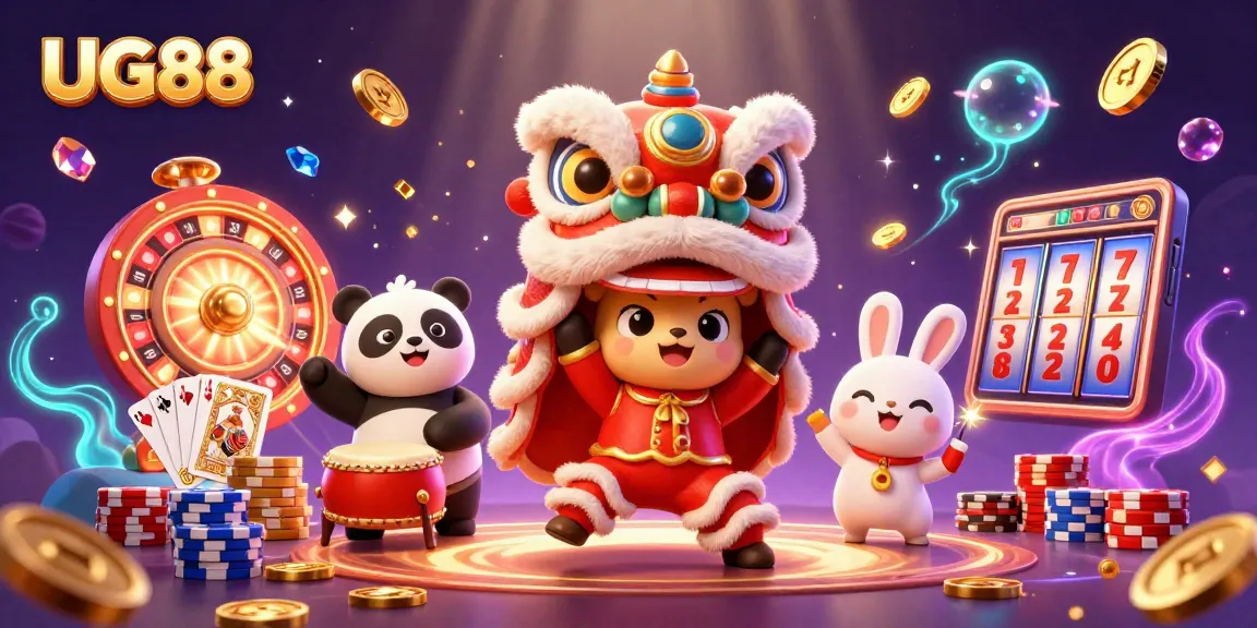 Celebrate with UG88's lion dance, vibrant coins, and thrilling casino games in action.