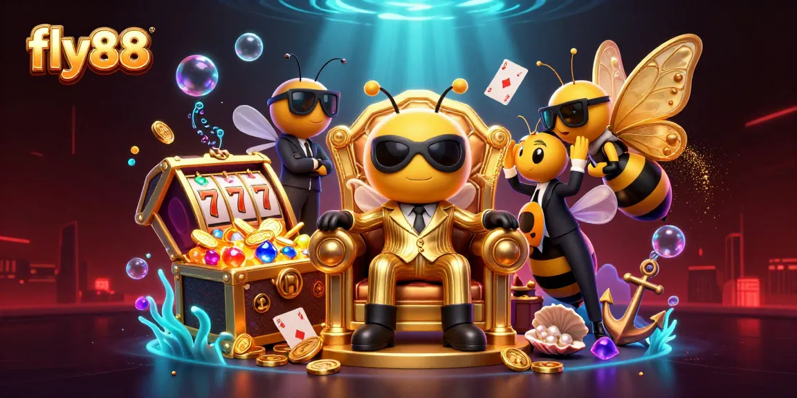 Engage with fly88's vibrant casino world featuring dynamic characters, slot game elements, and rich animations.