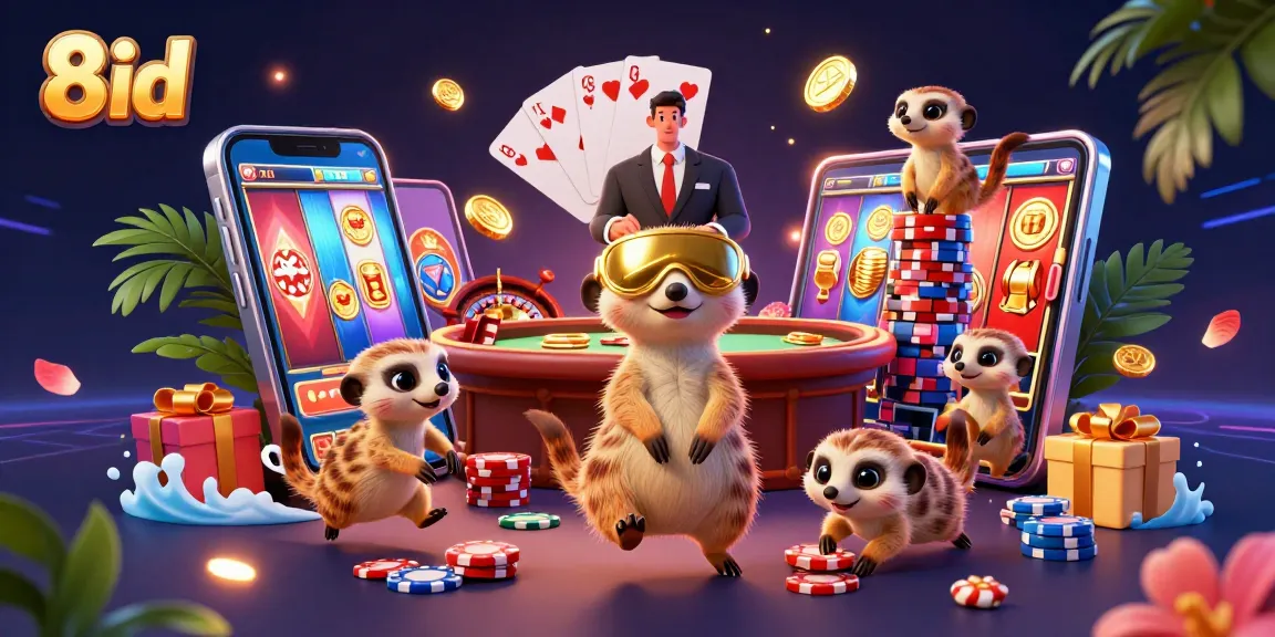 Experience the thrill at 8id with meerkats managing a vibrant and dynamic casino scene.
